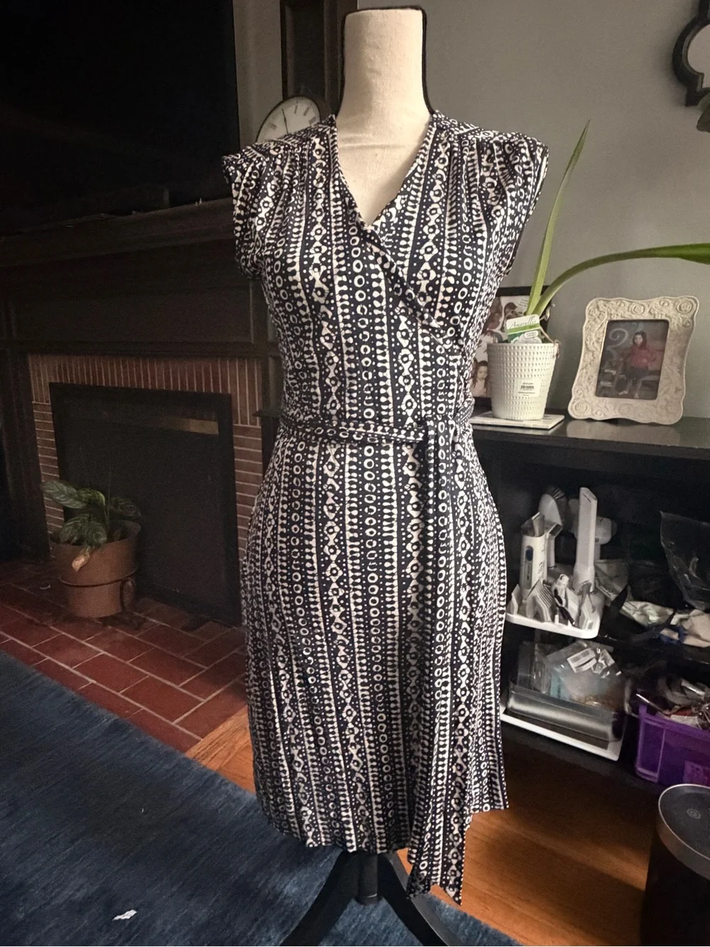 Tory Burch Navy and White Printed Sleeveless Wrap Dress